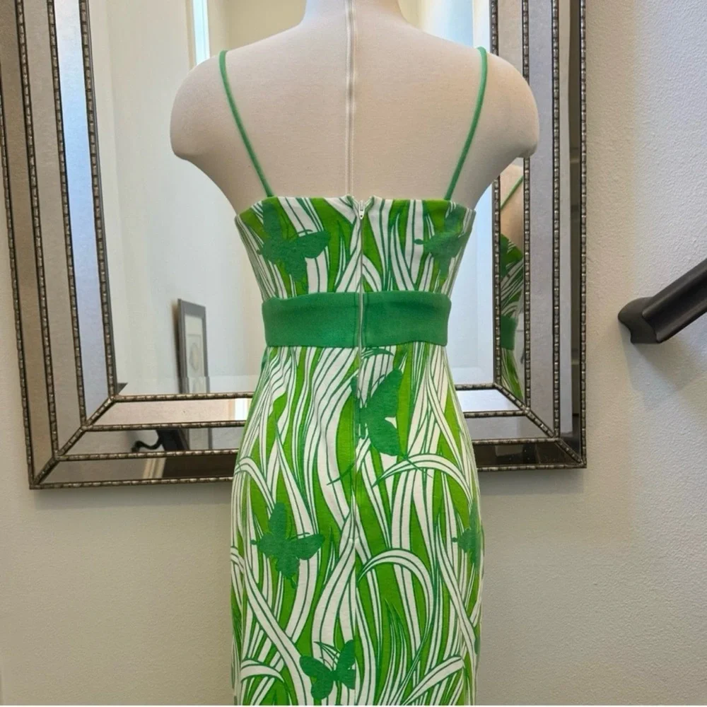 Miss Shaheen Vintage Hawaiian Butterfly Print Green Maxi Dress Column Gown 10 - Picture 8 of 12